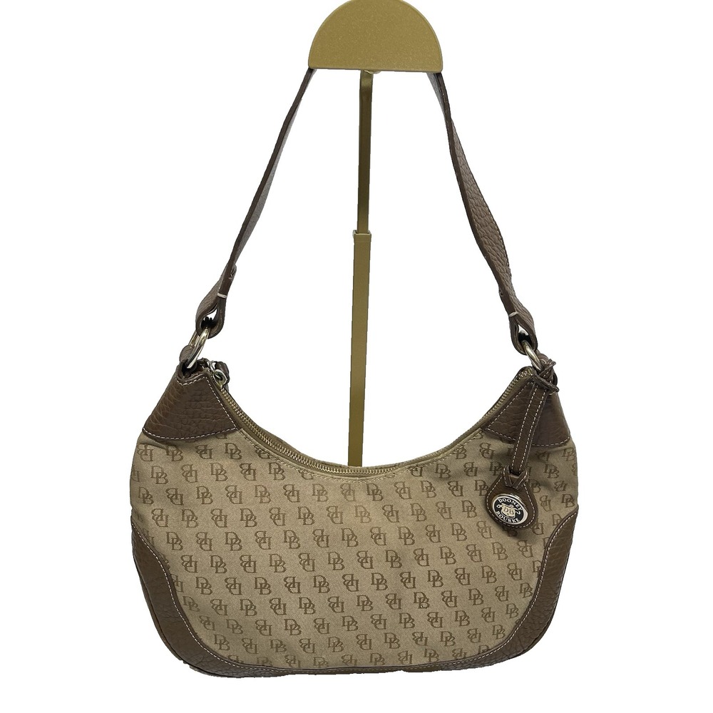 Vintage Dooney & Bourke Signature Canvas & Leather Shoulder Hobo Bag Kaki Brown